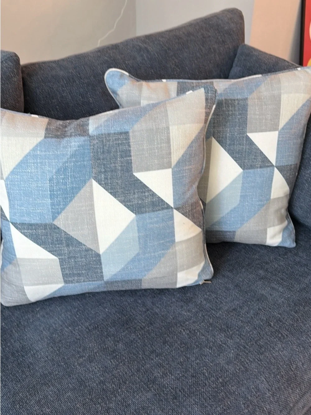 Blue/white geometric patterned 18 inch throw pillows/removable cover set of 2